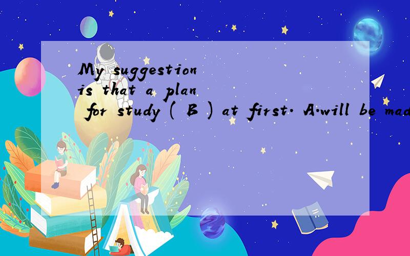 My suggestion is that a plan for study ( B ) at first. A.will be made B.be made C.was made D.madeMy suggestion is that a plan for study (  B  ) at first.A.will be made     B.be made    C.was made         D.made为什么选B   请解释清楚一点谢