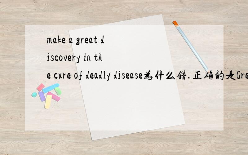make a great discovery in the cure of deadly disease为什么错,正确的是Great discoveries have been made in the cure of deadly disease,老师的英语听写,我想是不是只是时态不对,