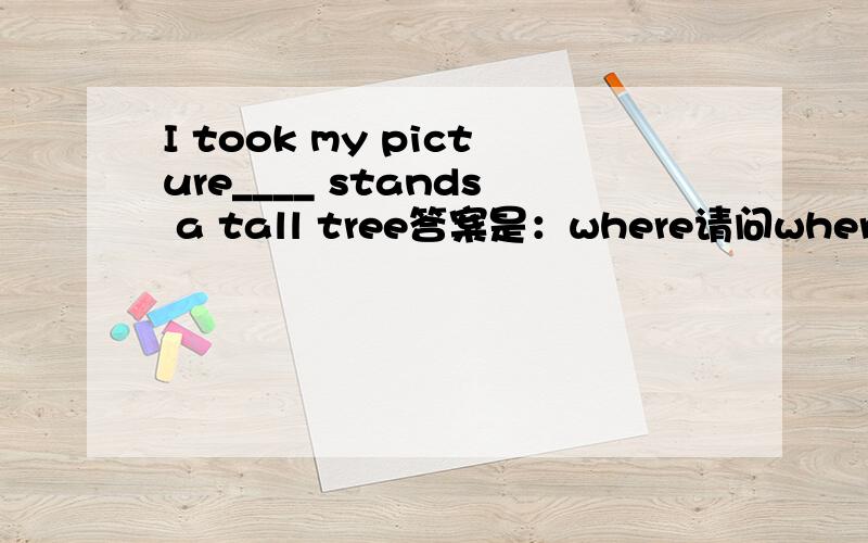 I took my picture____ stands a tall tree答案是：where请问where在这里指代什么?完整的句子是什么?麻烦分析一下谢谢!