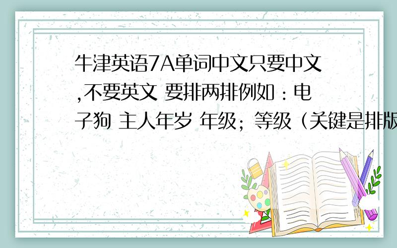 牛津英语7A单词中文只要中文,不要英文 要排两排例如：电子狗 主人年岁 年级；等级（关键是排版,至少要两排,四排也可以）是用来默写的,要有地方写整本书的中文7A的不是预备课程的,苏教