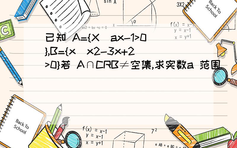已知 A={X|ax-1>0},B={x|x2-3x+2>0}若 A∩CRB≠空集,求实数a 范围