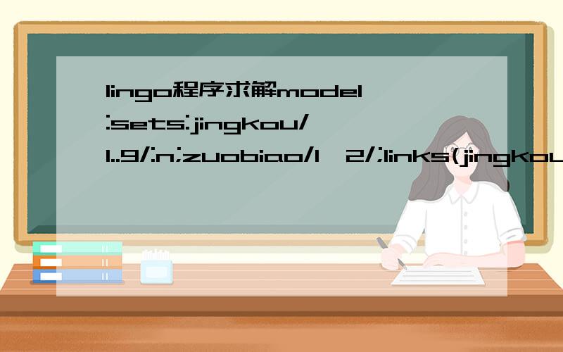 lingo程序求解model:sets:jingkou/1..9/:n;zuobiao/1,2/;links(jingkou,zuobiao):d;endsetsdata:n=17 40 60 20 25 15 50 8 30;d=22 8 4 51 38 17 81 19 6238 13 81 32 11 12 63 45 12;enddatamin=@sum(jingkou(i):n(i)*((x-d(i,1)^2)+(y-d(i,2)^2))*k;@bnd(4,x,81);