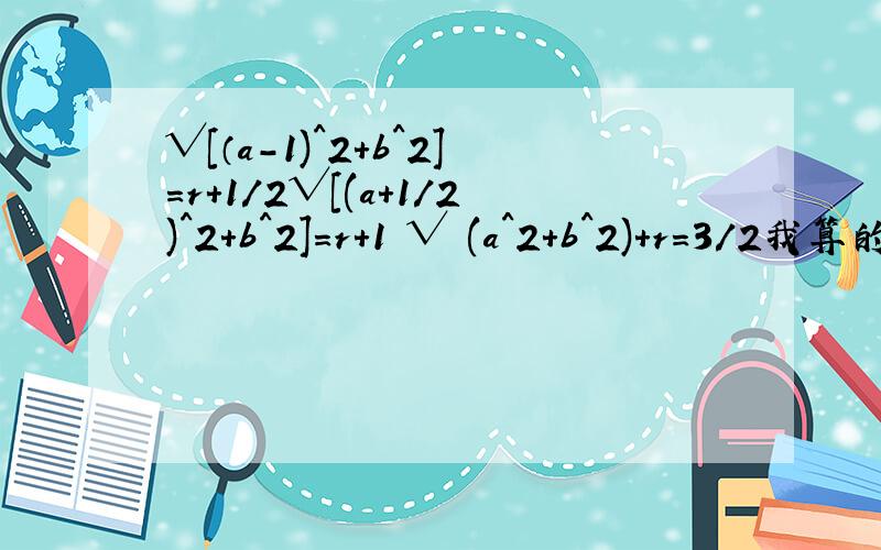 √[（a-1)^2+b^2]=r+1/2√[(a+1/2)^2+b^2]=r+1 √ (a^2+b^2)+r=3/2我算的答案怎么这么奇怪呢……所以答案一定要准啊!