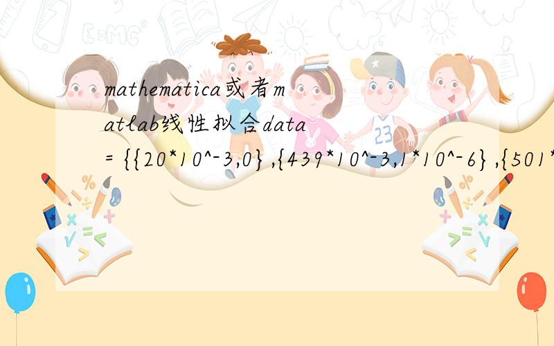 mathematica或者matlab线性拟合data = {{20*10^-3,0},{439*10^-3,1*10^-6},{501*10^-3,2*10^-6},{515*10^-3,3*10^-6},{523*10^-3,4*10^-6},{531*10^-3,5*10^-6},{535*10^-3,6*10^-6},{541*10^-3,7*10^-6},{544*10^-3,8*10^-6},{546*10^-3,9*10^-6},{550*10^-3,10*