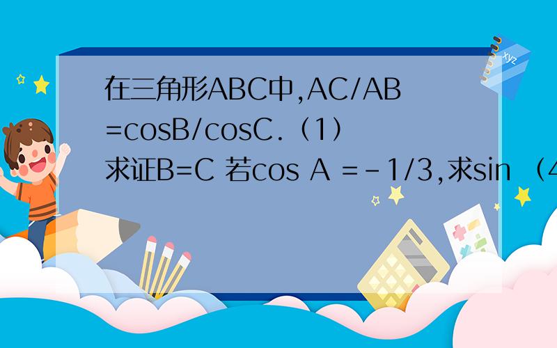 在三角形ABC中,AC/AB=cosB/cosC.（1）求证B=C 若cos A =-1/3,求sin （4B+派/3）的值