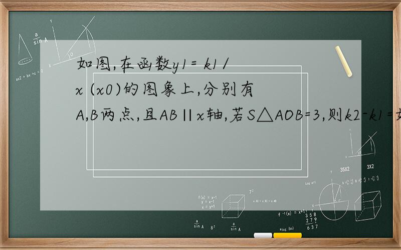 如图,在函数y1= k1/ x (x0)的图象上,分别有A,B两点,且AB∥x轴,若S△AOB=3,则k2-k1=如图,在函数y1= k1/ x (x<0)和y2= k2 /x (x>0)的图象上,分别有A,B两点,且AB∥x轴,若S△AOB=3,则k2-k1=——