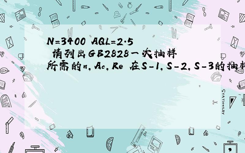N=3400 AQL=2.5 请列出GB2828一次抽样所需的n,Ac,Re 在S-1,S-2,S-3的抽样水平下.