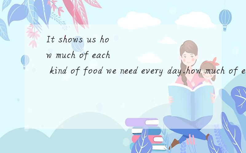 It shows us how much of each kind of food we need every day.how much of each kind of food we need every day是什么从句